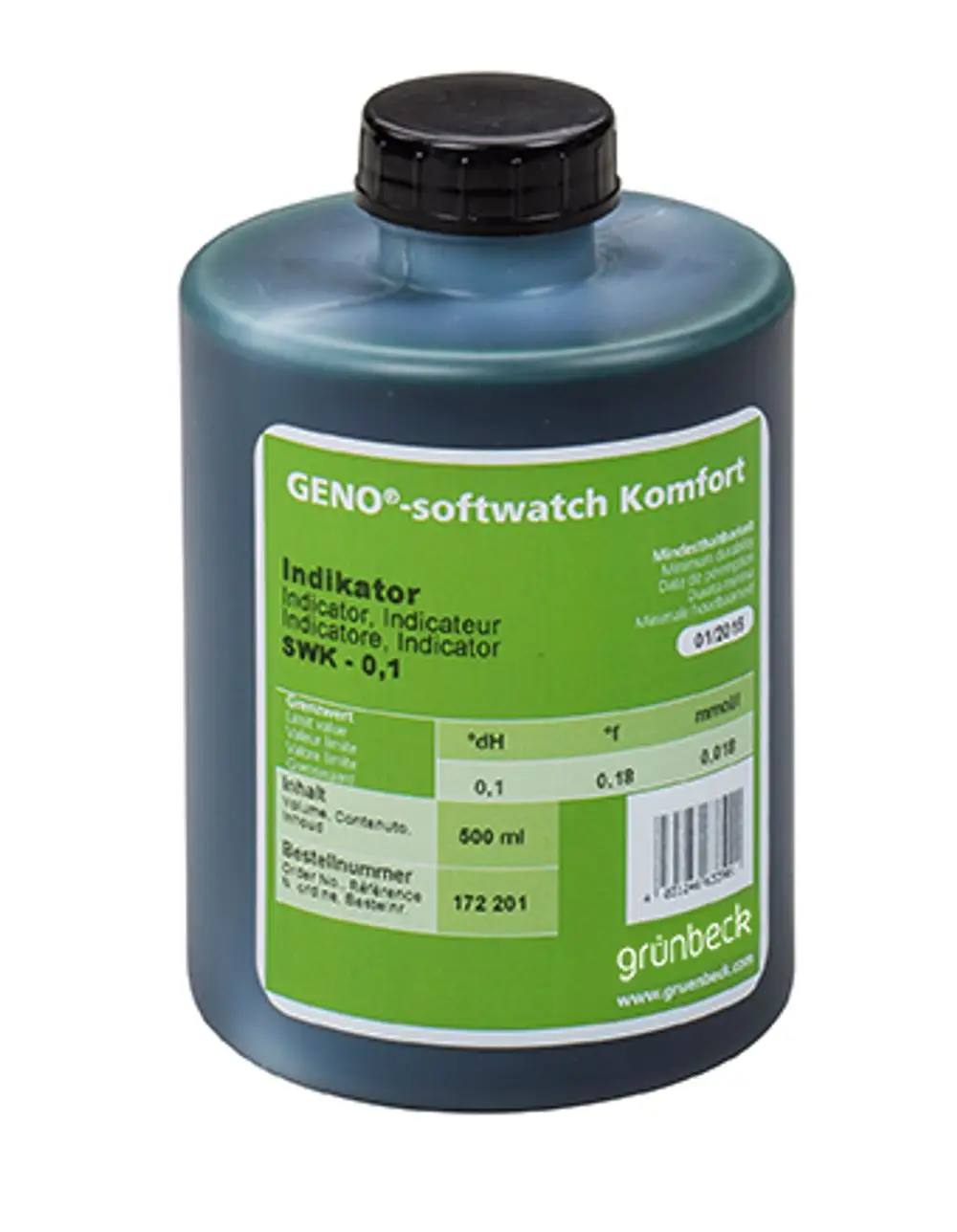 Flasche mit grünlichem Inhalt und schwarzem Deckel, beschriftet als Indikator. Markenname „Grünbeck“ sichtbar. Inhalt: 500 ml, Nutzungshinweis und weitere technische Informationen auf dem Etikett.